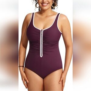 DELIMIRA Purple One-Piece Swimsuit with Wide Straps and Scoop Neck Zipper Front
